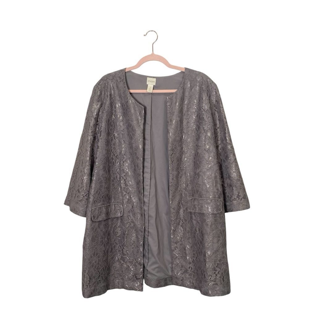 Chico’s Gray Lace Open Front Jacket Top Women’s Size XL Lightweight Dressy Layer